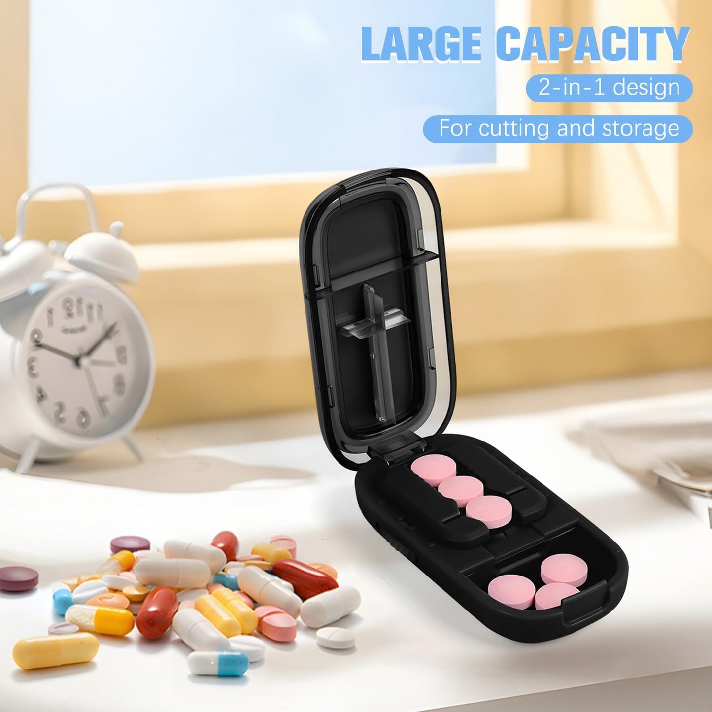 Pill Cutter Splitter for Small and Tiny,Echu Pill Cutter,1/2 & 1/4 Adjustable Pills Splitter with Centering Device for Cutting Multiple Pills,Easy to Use (Black)