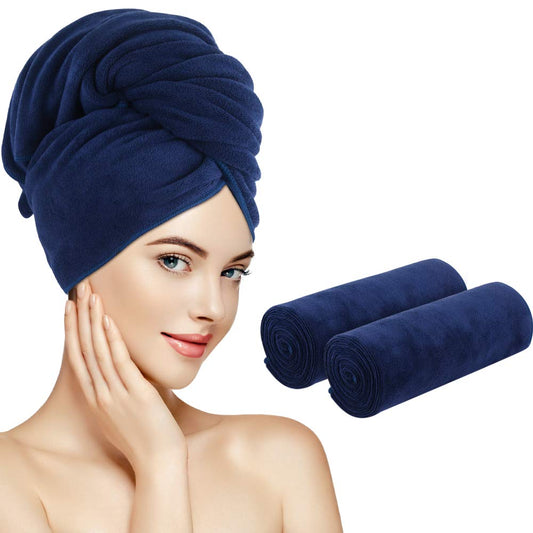 SUNLAND Microfiber Hair Towels Anti Frizz Hair Drying Towel Super Absorbent Fast Drying Turbans for Wet Curly Hair Soft Hair Towel Wrap with Elastic Band for All Hair Types 40 X 20 inches Navy Blue