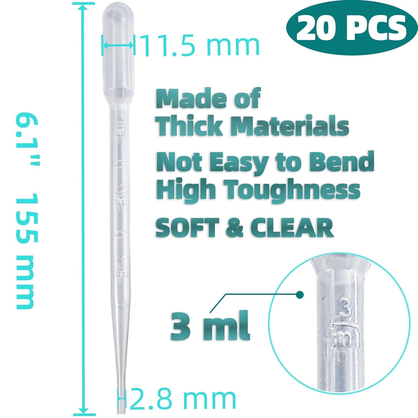 20 PCS 3ml Dropper Pipettes - Disposable Pipettes Dropper for Accurate Liquid Transfer, Perfect for Essential Oils, Resin, Crafts, Labs, Kids Activities - Plastic Pipette, Droppers