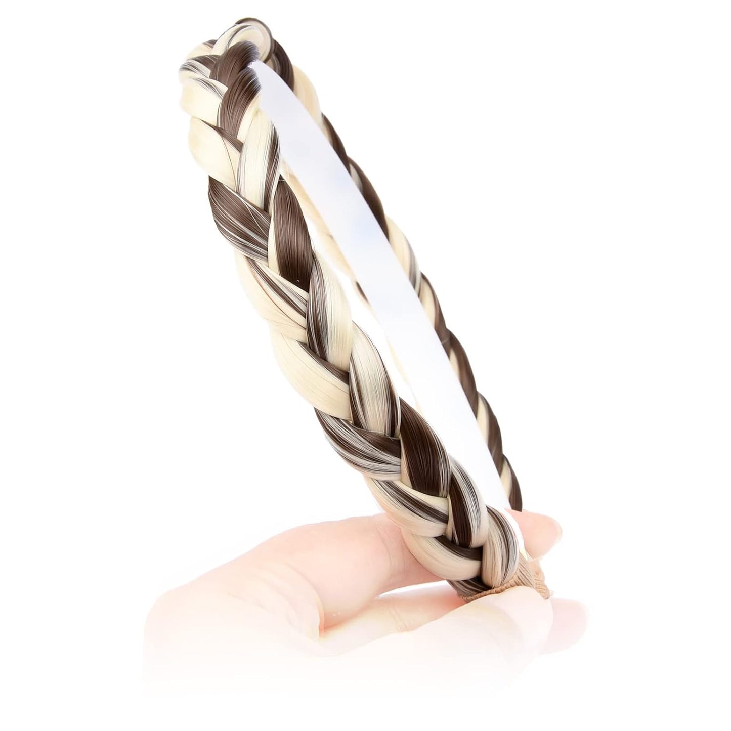 DIGUAN Width 0.6 inches Narrow Synthetic Hair Plaited Headband Braid With Teeth Hair Band Accessories for Women Girl (dark brown mix white blonde)