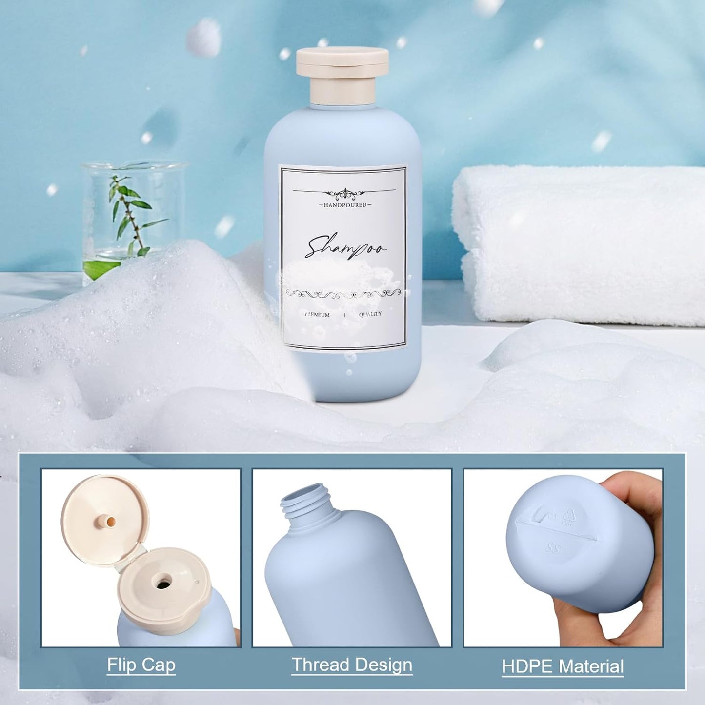 10oz Travel Shampoo Bottle, Empty Plastic Squeeze Bottles with Flip Cap, Lotion Container for Toiletries Travel Size Shampoo and Conditioner (3 PACK BLUE)