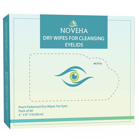 NOVEHA 60PCs Dry Wipes - Gentle & Hypoallergenic Daily Eye & Nasal Cleanser Wipes - Makeup Removal - Calm, Relieve, Soothe, Hydrate Your Skin Naturally - Can be Use with our Foam and Cleanser Line