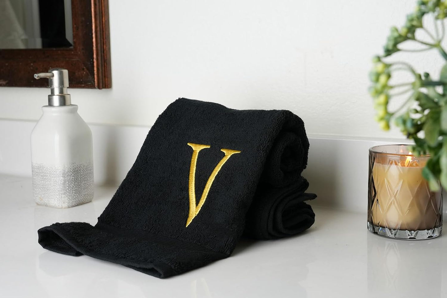 Black Initial Hand Towel for Bathroom - Monogrammed Luxury Hotel Quality Decorative Embroidered Towel for Powder Room, Spa - GOTS Organic Certified - Pack of 2, Letter V
