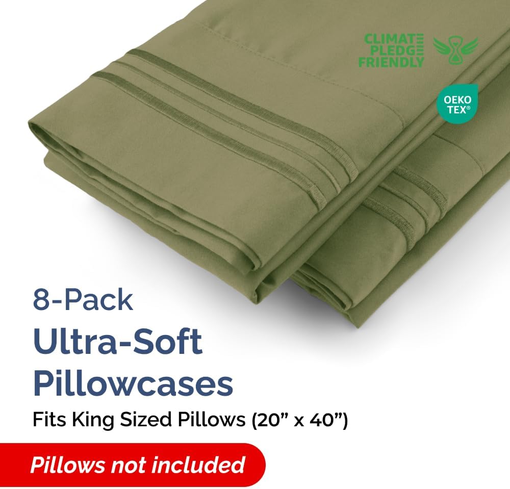 King Pillow Cases Set of 8 - Ultra Soft Hotel Quality Pillowcase Covers - Comfy. Cozy & Wrinkle Free - Shrink, Stain and Fade Resistant - Machine Washable Pillow Protectors - 8 Piece Set - Sage Green