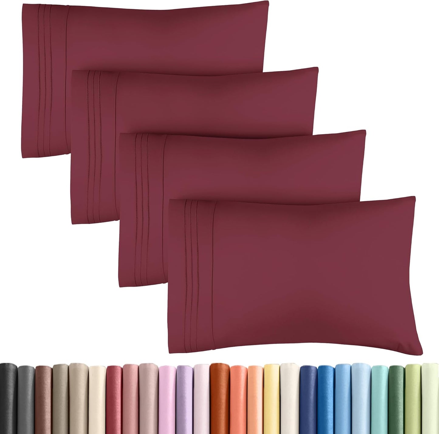 CGK Unlimited Queen Size Microfiber Pillowcase Set of 4 - Soft, Premium Quality, Machine Washable, Burgundy