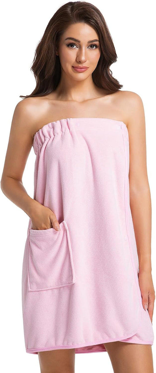 Womens Towel Wrap Bath Robe Lightweight Spa Body Wrap Shower Adjustable Snap Closure Bathrobe