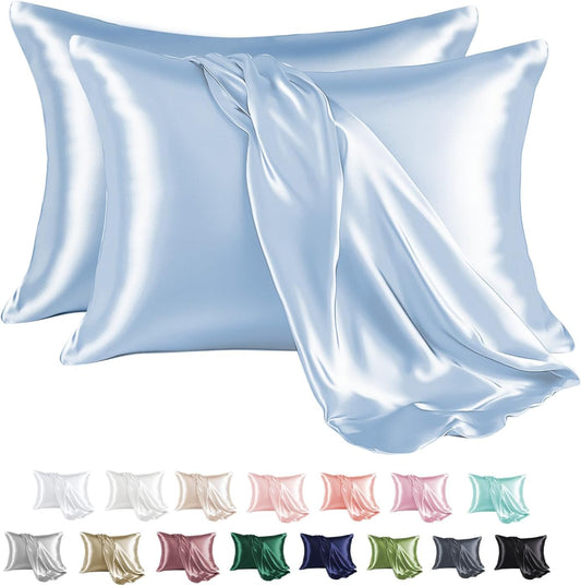 MR&HM Satin Pillowcase for Hair and Skin, Silk Satin Pillowcase 2 Pack, Queen Size Pillow Cases Set of 2, Silky Pillow Cover with Envelope Closure (20x30, Light Blue)