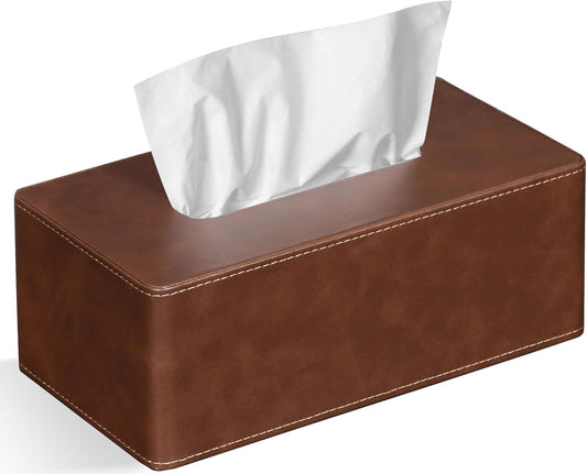 Tissue Box Cover Rectangular 9.8"(L) x 5.3"(W) x 4.3"(H) Refined Modern PU Leather Facial Tissue Dispenser Box Holder for Dresser Bathroom Decorative (Brown)