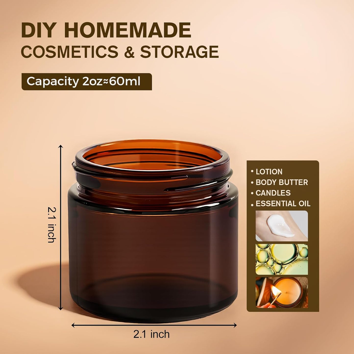 2oz Jars with Lids, HOA Kinh 3 Pack Amber Glass Jars with Lids Empty Cosmetic Containers Round Airtight Glass Jar with Black Lid for Storing Lotions Powders Ointments