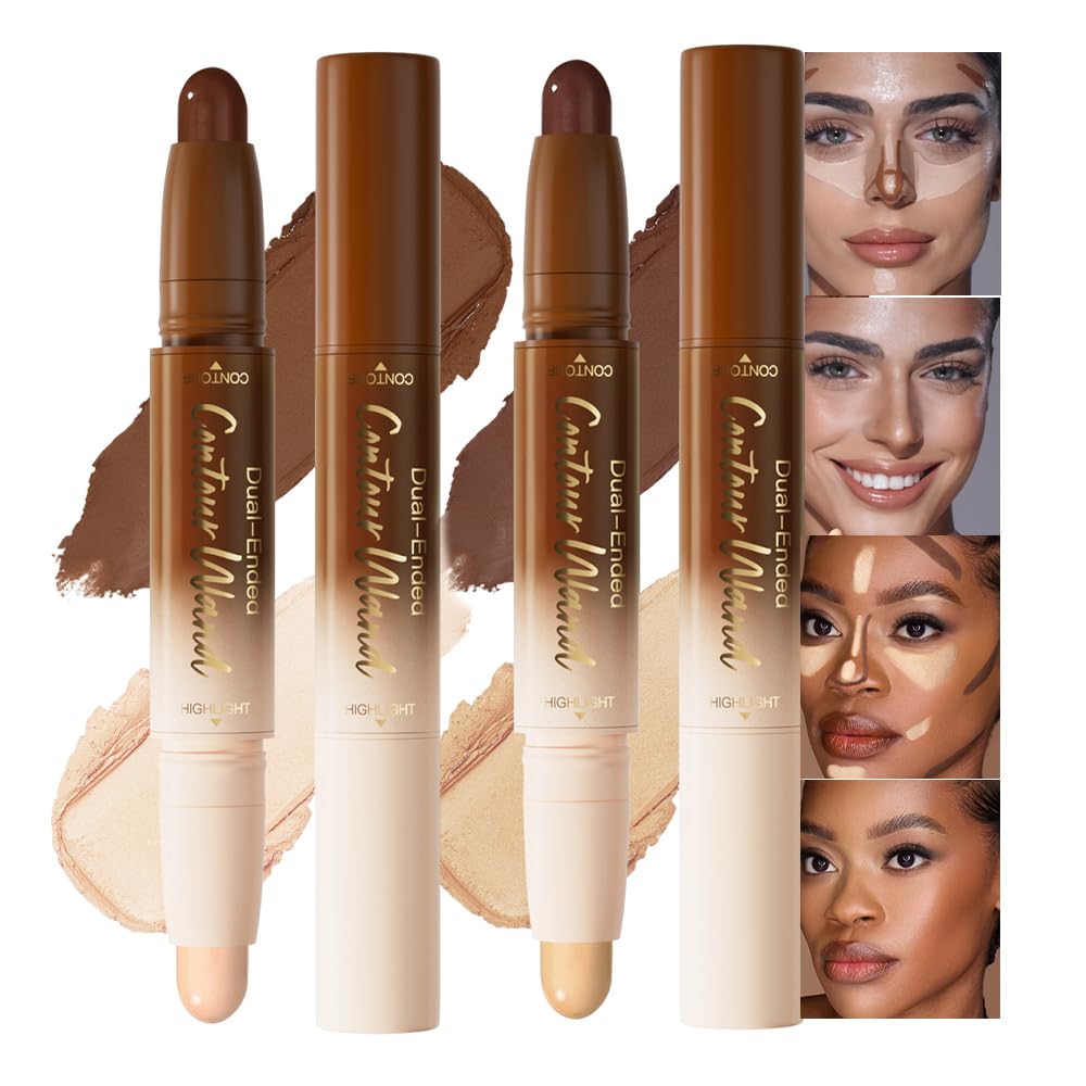2Pcs Cream Contour Stick Face Body Makeup Dual Ended, Nude Light Beige & Nude Brown no Transfer Waterproof 2 in 1 Cream Concealer Stick Contouring Makeup Set, Nose Contour Bronzer Sticks Highlighter