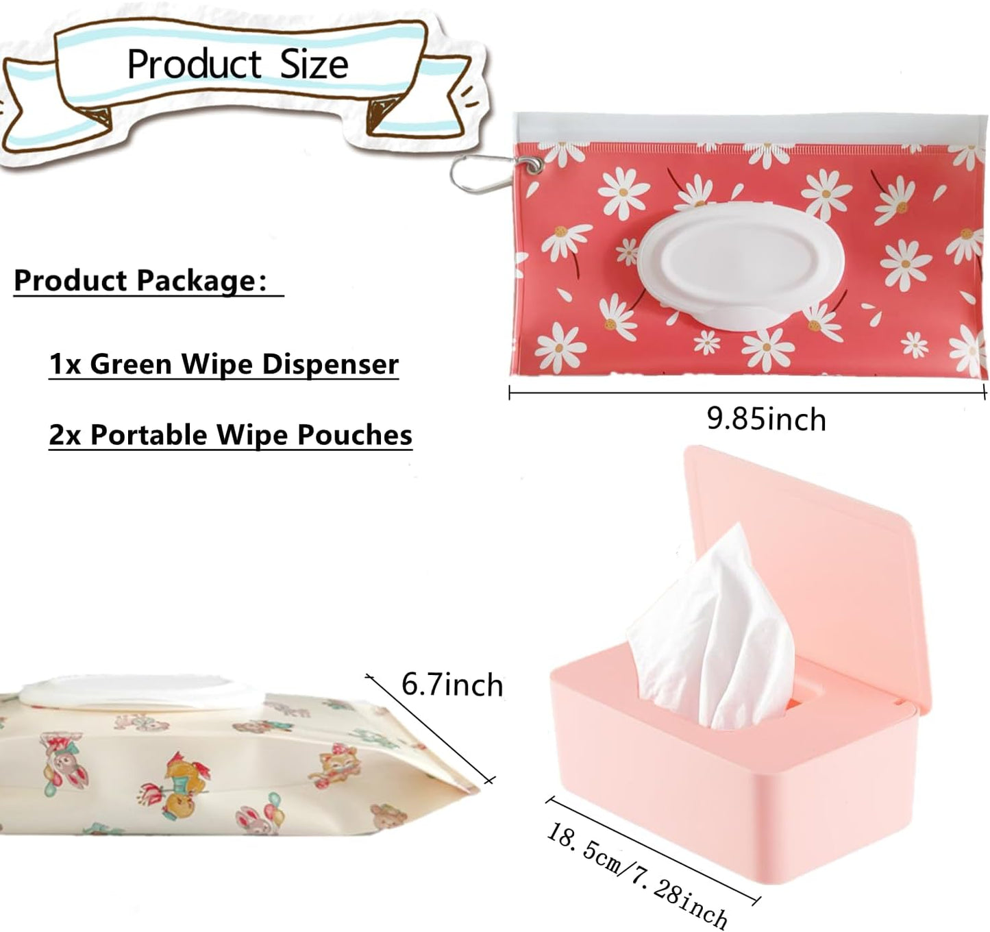 Wipes Dispenser with 2Pcs Portable Refillable Wipe Holder,Reusable Large Wipe Holder Box Flushable Wipes Case Bathroom Wipes Container for Pet Nursery Kitchen Office Counter(Pink)