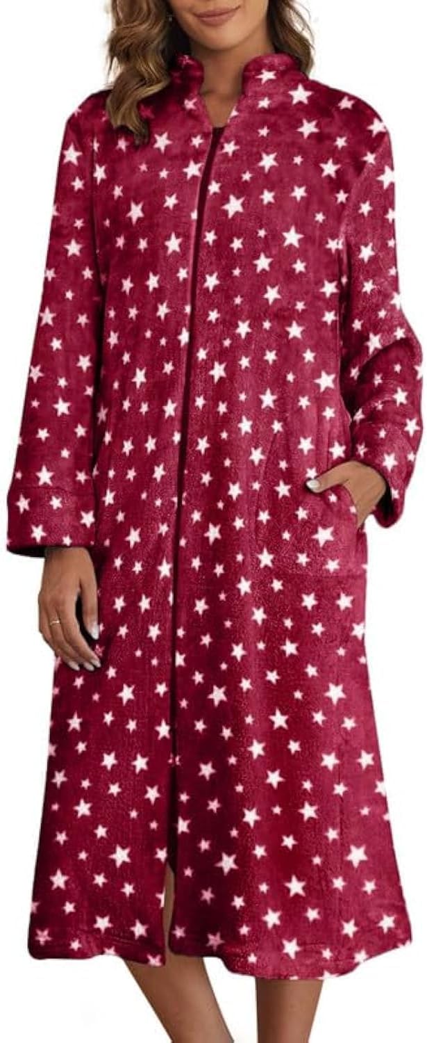 Ekouaer Women's Zip Up Robe Fleece Bathrobe Long Zipper Lounger Warm Housecoat Long Sleeve Nightgown with Pockets S-XXL