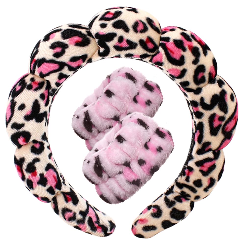 Spa Headbands for Washing Face Wristband Set Sponge Makeup Skincare Headband Wrist Towels Bubble Soft Terry Towel Cloth Hairband for Women Puffy Headwear Non Slip Thick Thin Hair Headwear