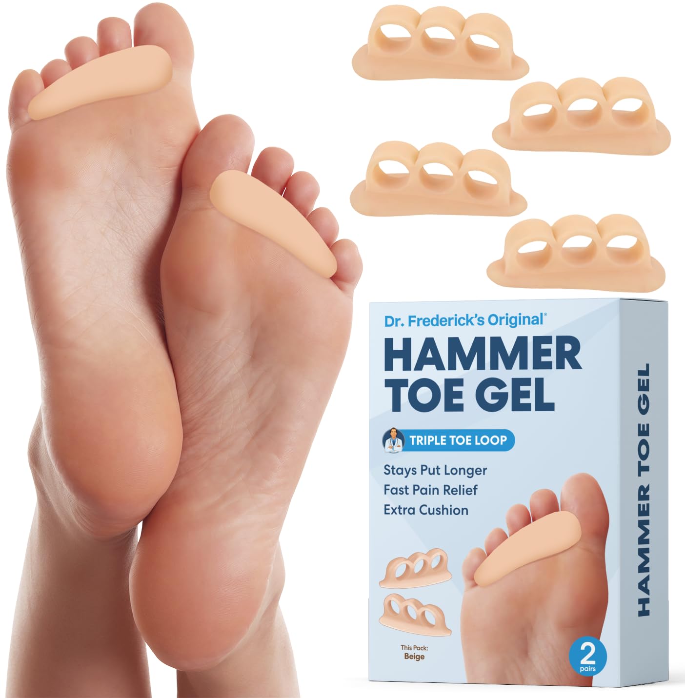 Dr. Frederick's Original Hammer Toe Gels - 2 Pairs - All-Day Relief for Crooked & Overlapping Toes - Soft Cushioning - Symptomatic Support for Toe Alignment - Beige - 3 Loop Design