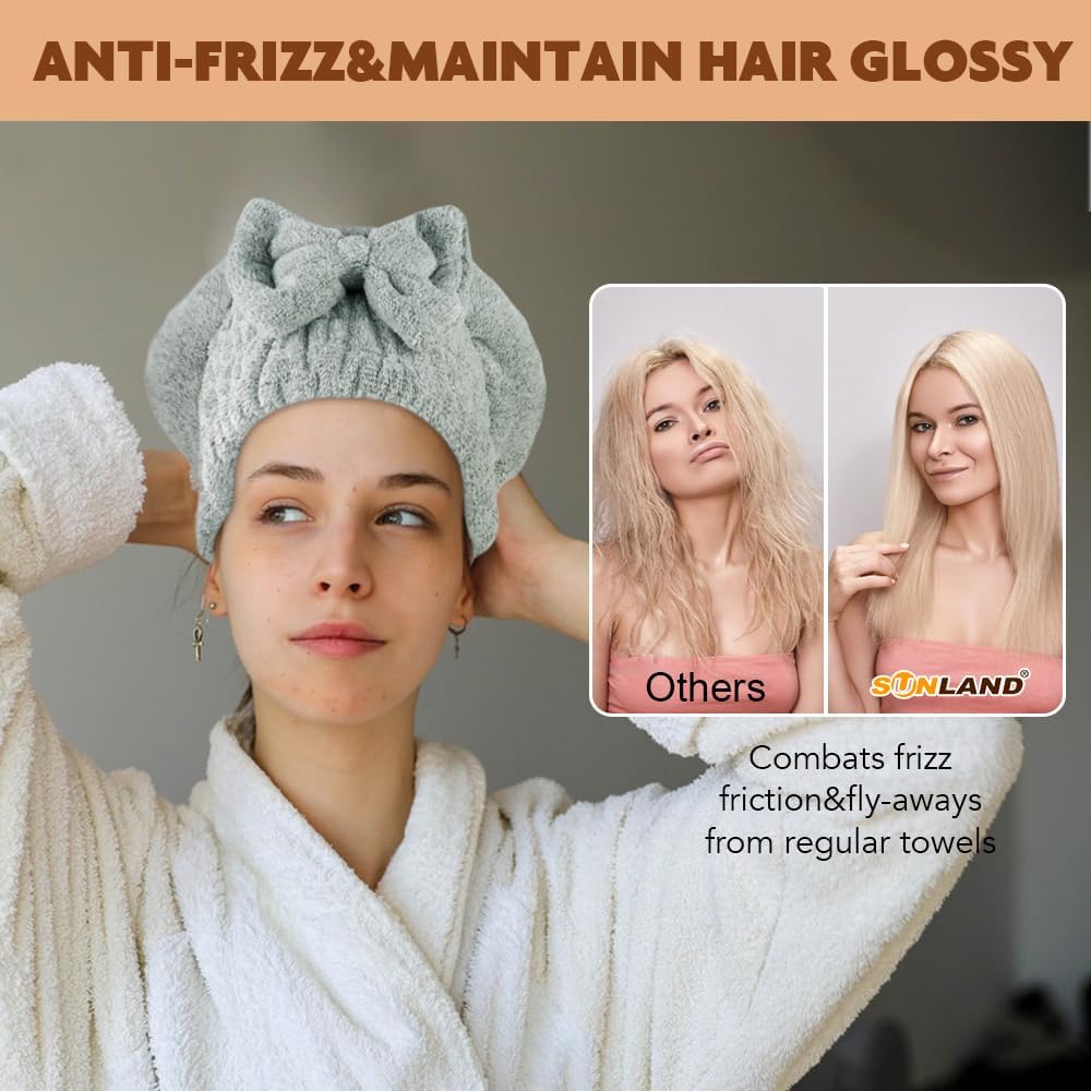SUNLAND Large Microfiber Hair Drying Caps with Bow knot Fast Drying Shower Cap Soft and Absorbent hairWrap Hair Turban Bath Caps for Curly Thick and wet Hair 11 X 13.4 inch 2 Pack Green
