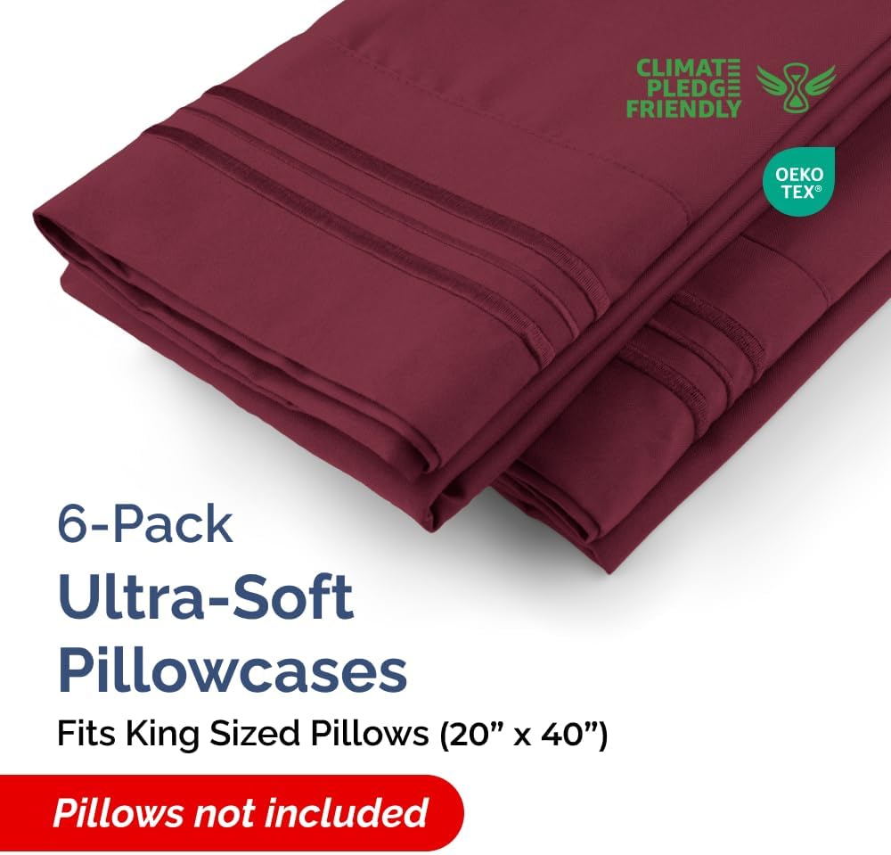 King Pillow Cases Set of 6 - Ultra Soft Hotel Quality Pillowcase Covers - Comfy & Wrinkle Free - Shrink, Stain & Fade Resistant - Easy-Care, Machine Washable Pillow Protectors - 6 Piece Set - Burgundy