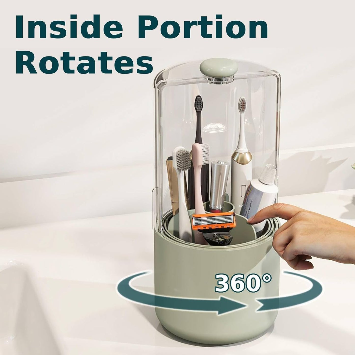 Toothbrush Holder with Cover 360 Rotating 4 Compartments Bathroom Toothpaste Electric Toothbrush Organizer, Light Green