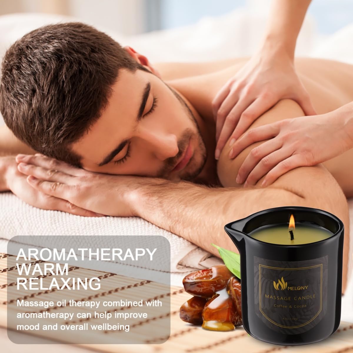 MELONY Massage Oil Candle for Pure Relaxation- 8.1 oz- Moisturizing Essential Oil Body Massage Candle for Home Spa- Amazing Gift for Women & Men (Coffee & Cocoa)