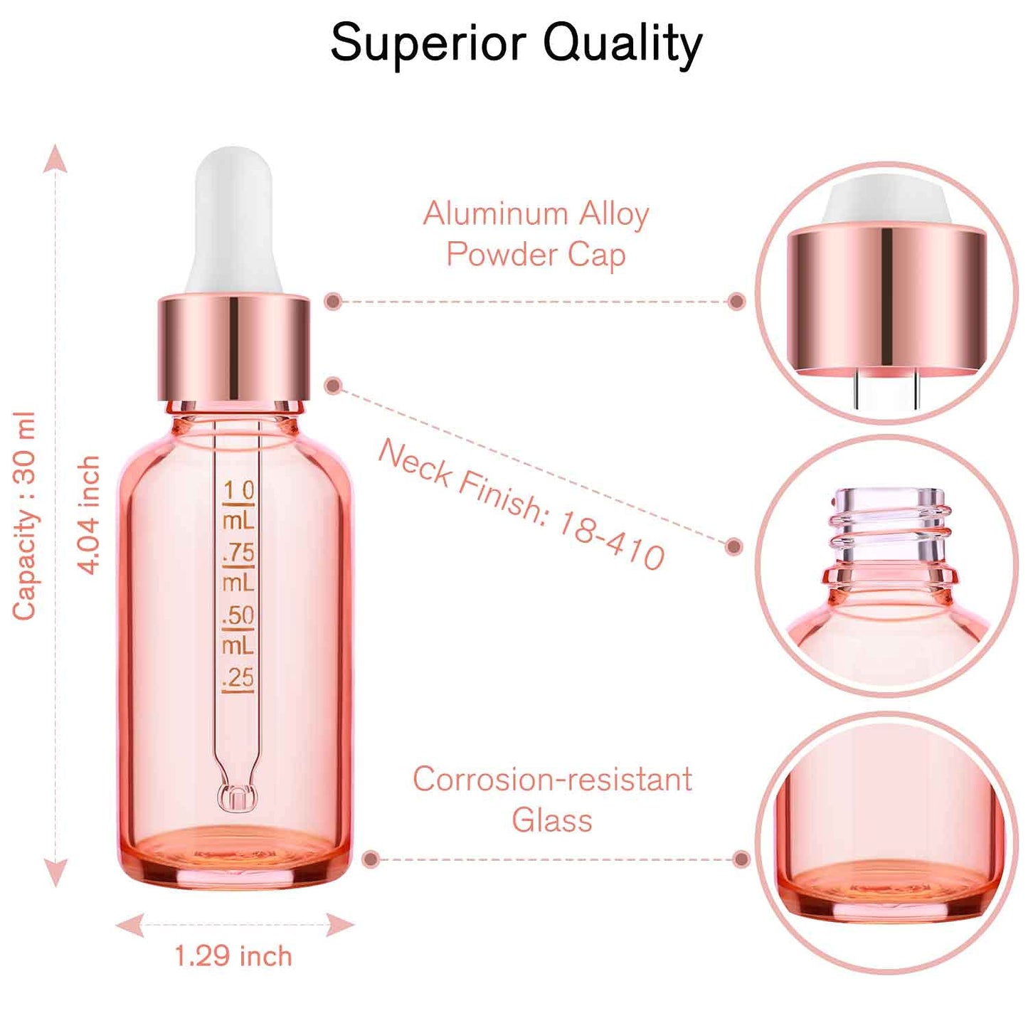 PrettyCare Glass Eye Dropper Bottles 99 Pack, 1oz (30ml) Rose Empty Thick Bottles Bulk with Leakproof Caps - With Labels & Funnels for for Storage, Travel,Essential Oils, DIY Serums