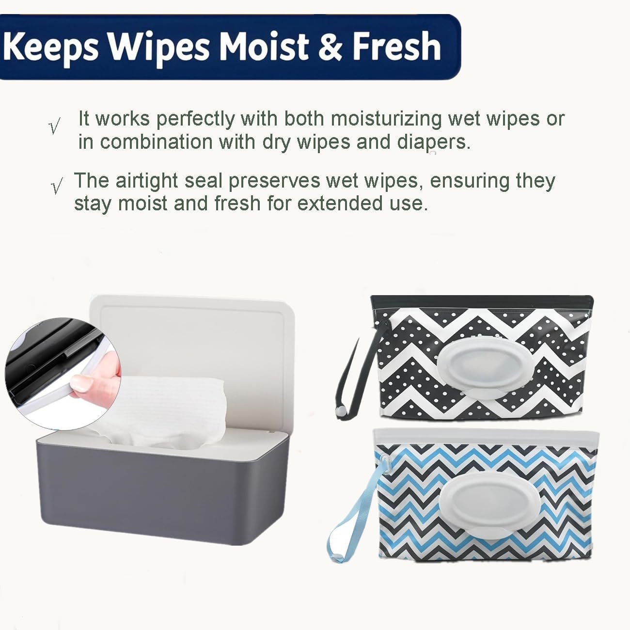 Wipes Dispenser with 2Pcs Portable Refillable Wipe Holder,Reusable Large Wipe Holder Box Flushable Wipes Case Bathroom Wipes Container for Pet Nursery Kitchen Office Counter(Grey-White)