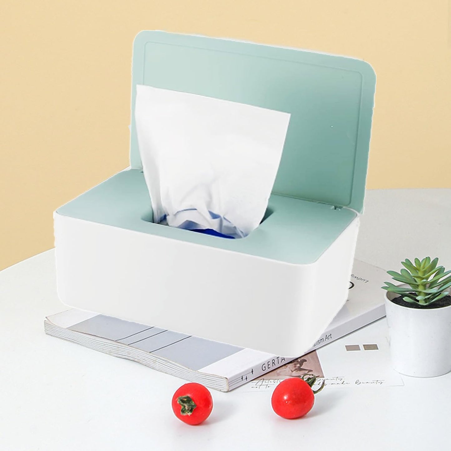 Wipes Dispenser with 2Pcs Portable Refillable Wipe Holder,Reusable Large Wipe Holder Box Flushable Wipes Case Bathroom Wipes Container for Pet Nursery Kitchen Office Counter(White-Green)