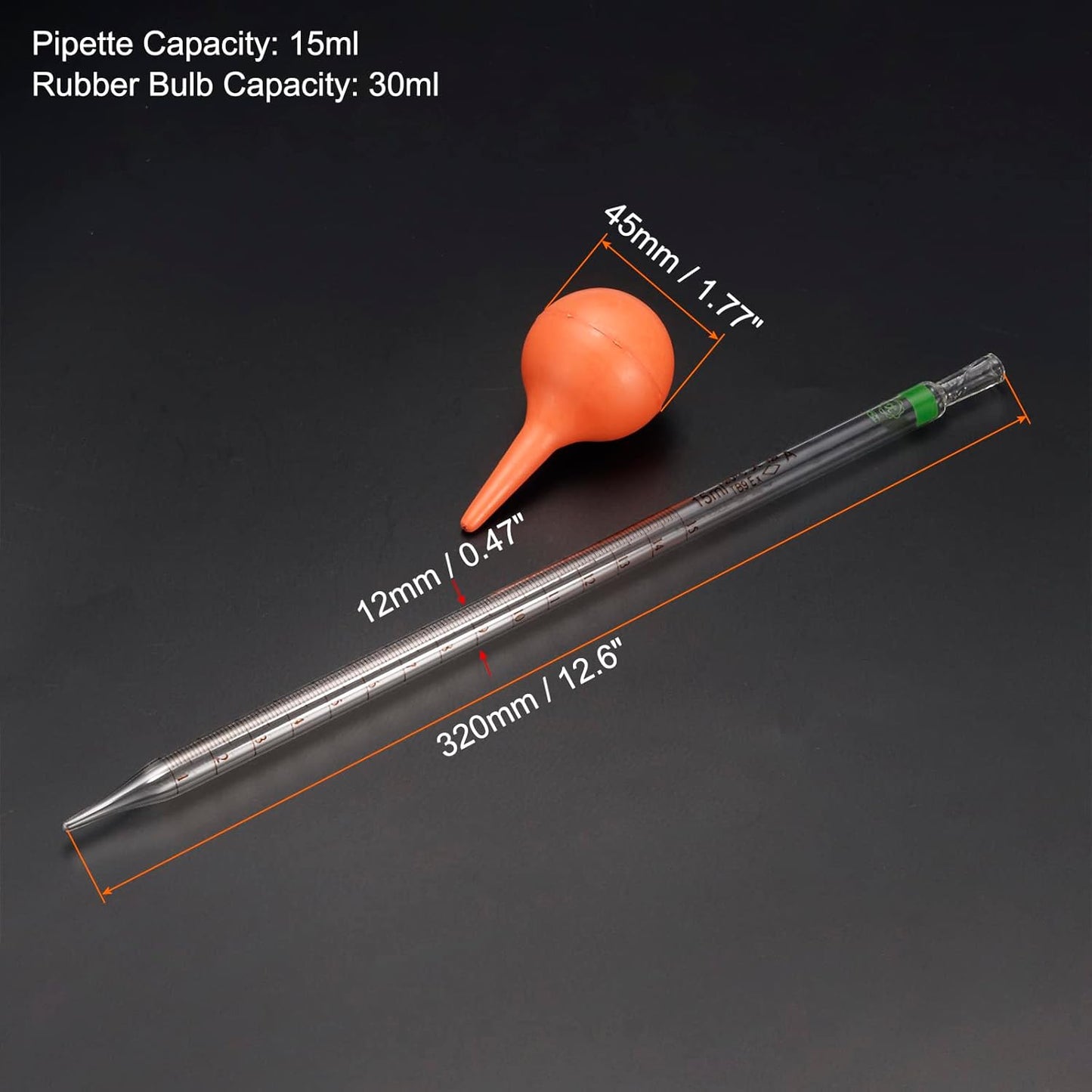 PATIKIL Graduated Dropper Pipettes Kit, 1 Set 15ml Borosilicate Glass Pipette with Rubber Squeeze Bulb for Transfer Liquid for Lab, Chemistry, Clear