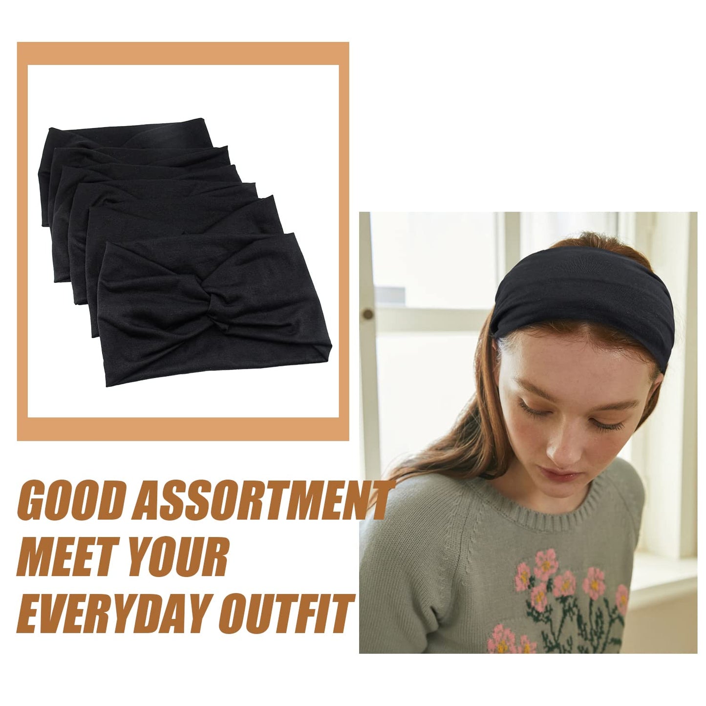 Wide Headbands for Women, Black Turban Headband Stretchy Twisted Head Wraps for Girls Yoga Workout Sports Head Bands For Women's Hair,Pack of 6