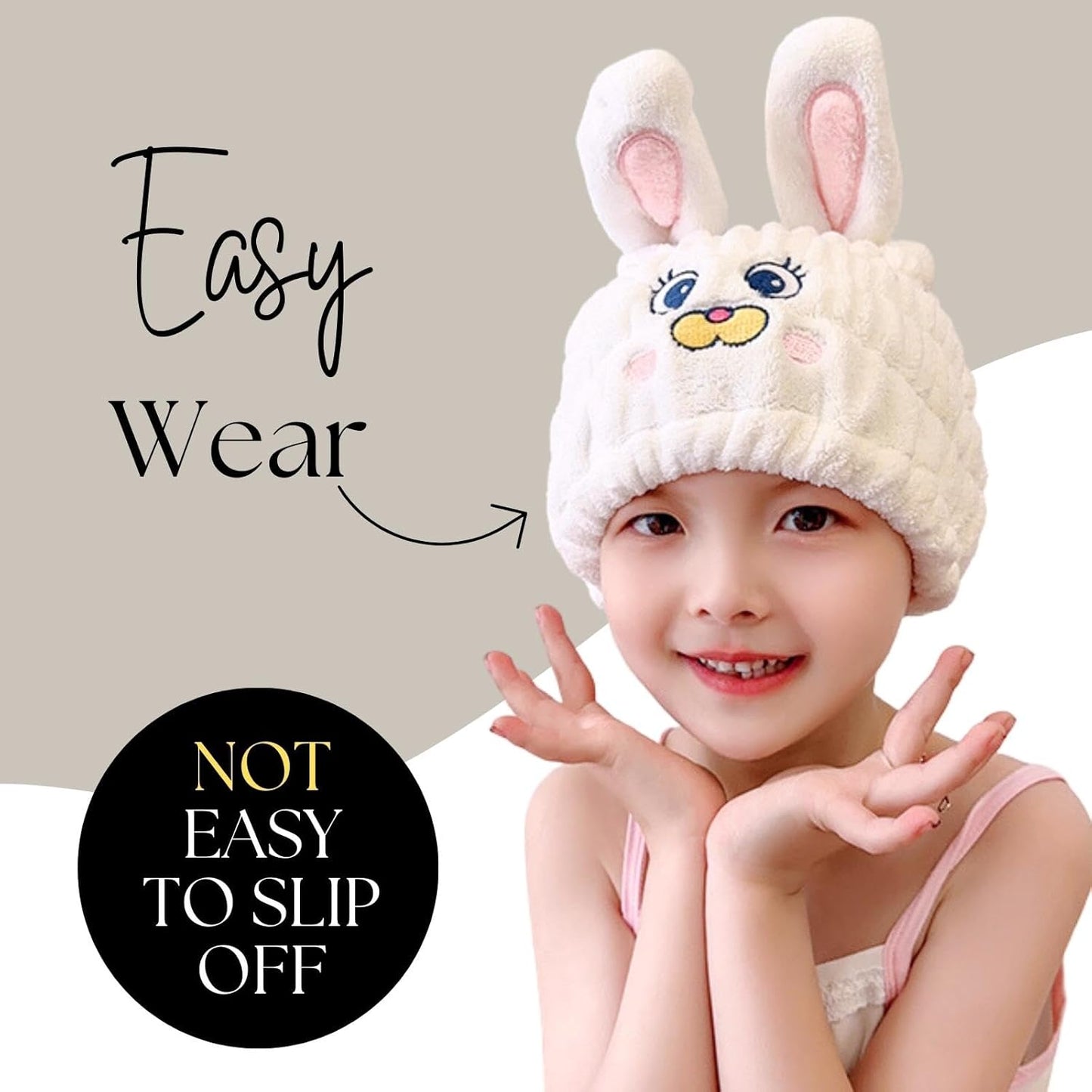 Microfiber Hair Towel Wrap for Kids, White Rabbit Dry Hair Cap Suck Water, Absorbent Quick Girls Boys Hair Drying Towel, Lightweight Bouncy Hat Headscarf for Wet Hair