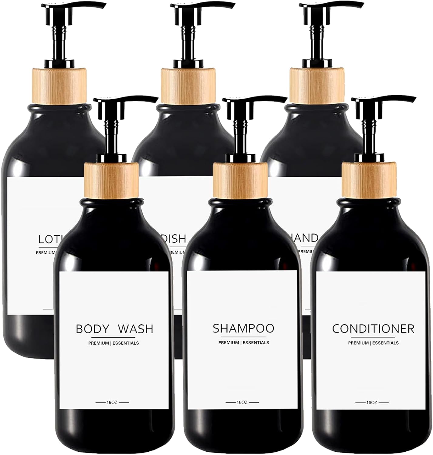 Shower Shampoo and Conditioner Bottles, Apothecary Dispenser Bamboo Pump, Refillable Bottles for Lotion Oil Hand Soap and Dish Soap, Plastic Set (3 Bottles 9 Labels) (6, Black)