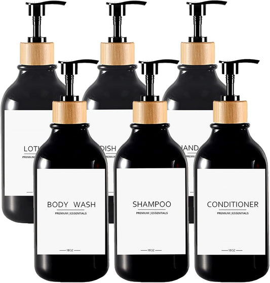 Shower Shampoo and Conditioner Bottles, Apothecary Dispenser Bamboo Pump, Refillable Bottles for Lotion Oil Hand Soap and Dish Soap, Plastic Set (3 Bottles 9 Labels) (6, Black)