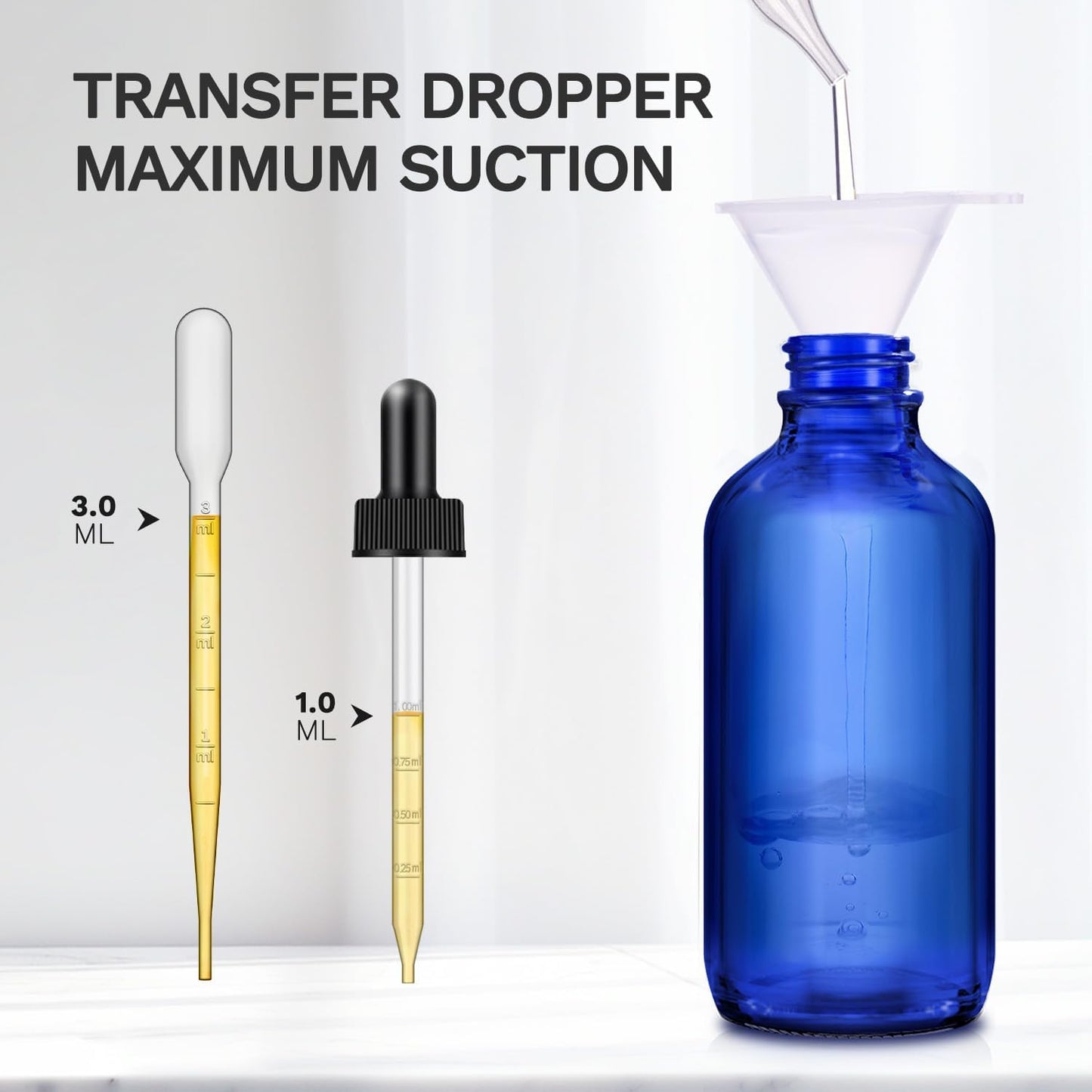 6 Pack, 4 oz Dark Amber & Blue Dropper Bottles with Measured Dropper, Glass Eye Dropper Bottle for Essential Oils with Funnel, Labels & Pipette, Droppers for Oils (Unbreakable Plastic Eye Dropper)