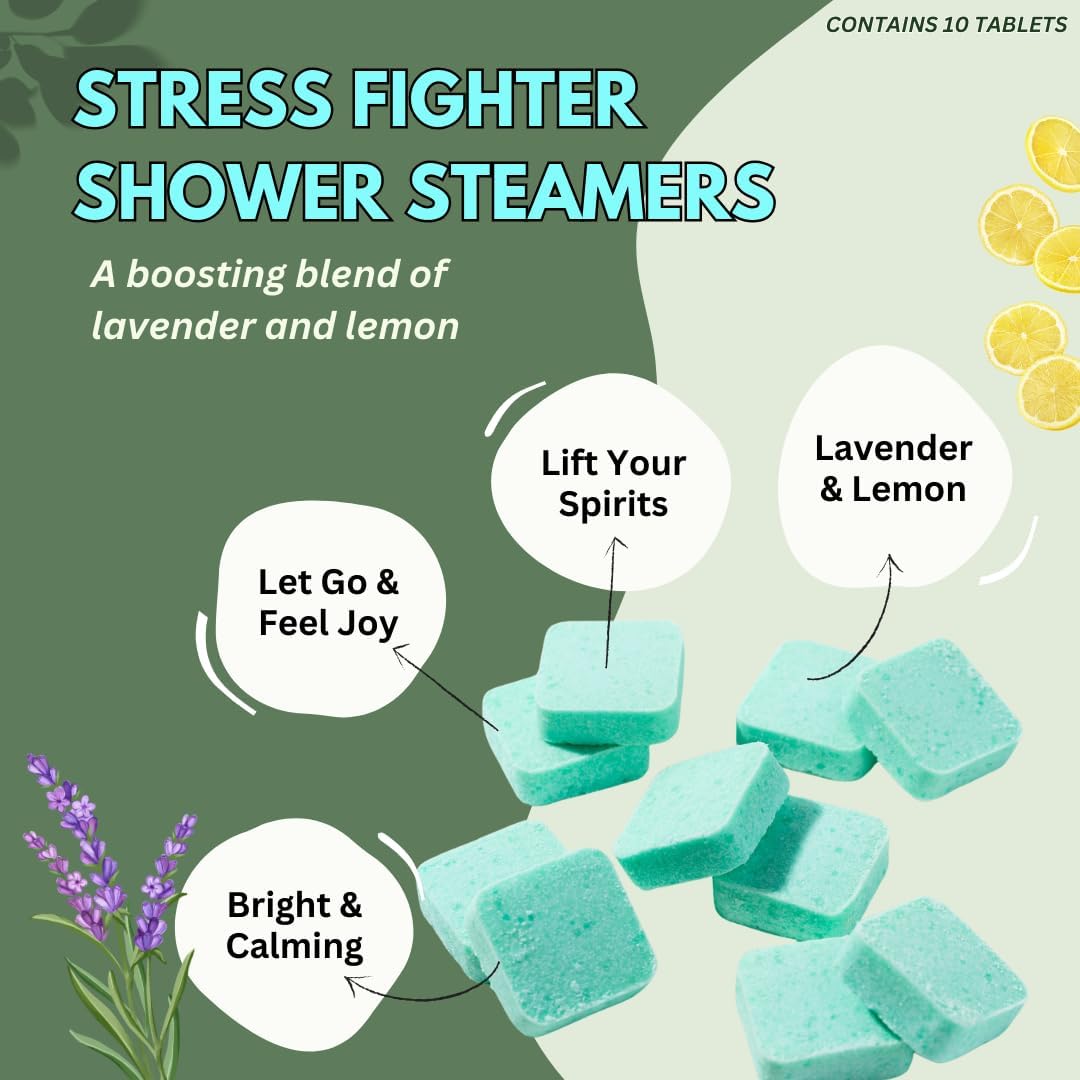 Stress Fighter Shower Steamers Aromatherapy for Relaxing - USA Made - Lavender & Lemon Shower Bomb Tablets – Christmas Gift - Adult Stocking Stuffer – Soothing Natural Essential Oils (10 Pack)