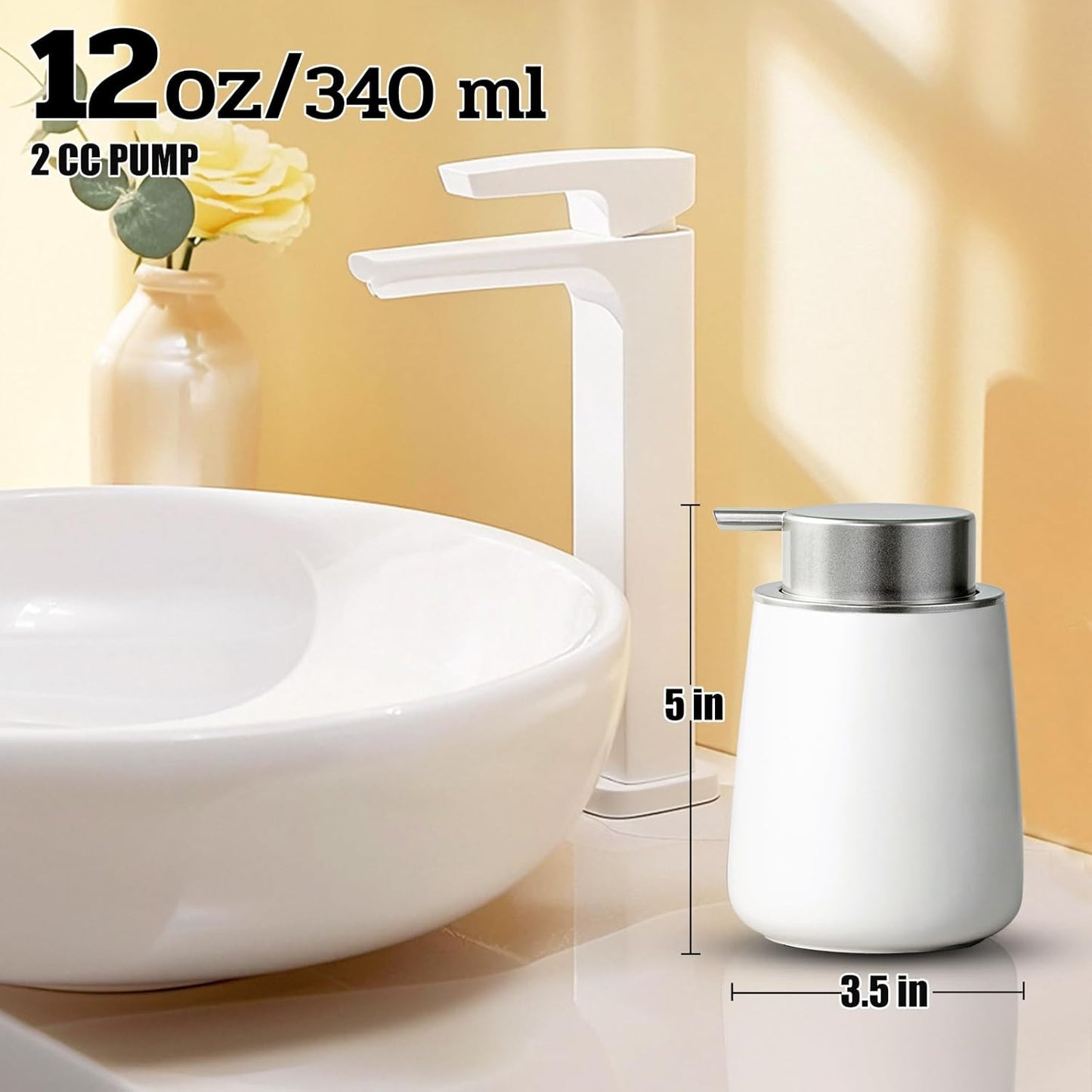 Foaming Soap Dispenser - 12 Oz White Ceramic Foam Hand Soap Dispenser for Bathroom, Face Wash Dispenser Bottle with Matte Silver Foaming Pump, Refillable Lotion Dish Dispenser for Kitchen