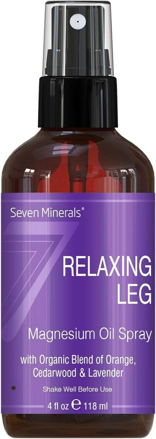 Seven Minerals Relaxing Leg Magnesium Spray, Powerful Blend of Essential Oils (Orange, Cedarwood, & Lavender), That Calms Legs Naturally. 4 fl oz,
