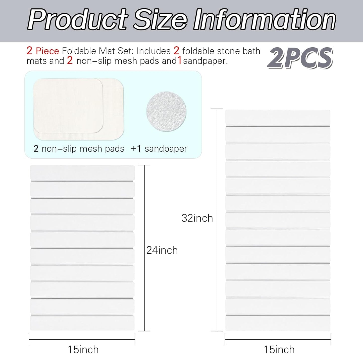 2 Pack Foldable Stone Bath Mats, White Super Absorbent Diatomaceous Earth Bath Rug, Non-Slip Shower Mat, Quick-Drying Bath Rug and Drying Mat for Tub and Shower