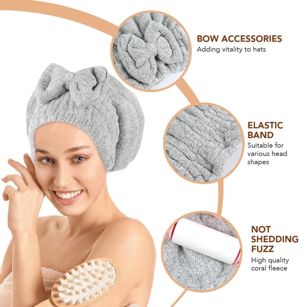 SUNLAND Large Microfiber Hair Drying Caps with Bow knot Fast Drying Shower Cap Soft and Absorbent hairWrap Hair Turban Bath Caps for Curly Thick and wet Hair 11 X 13.4 inch 2 Pack Grey