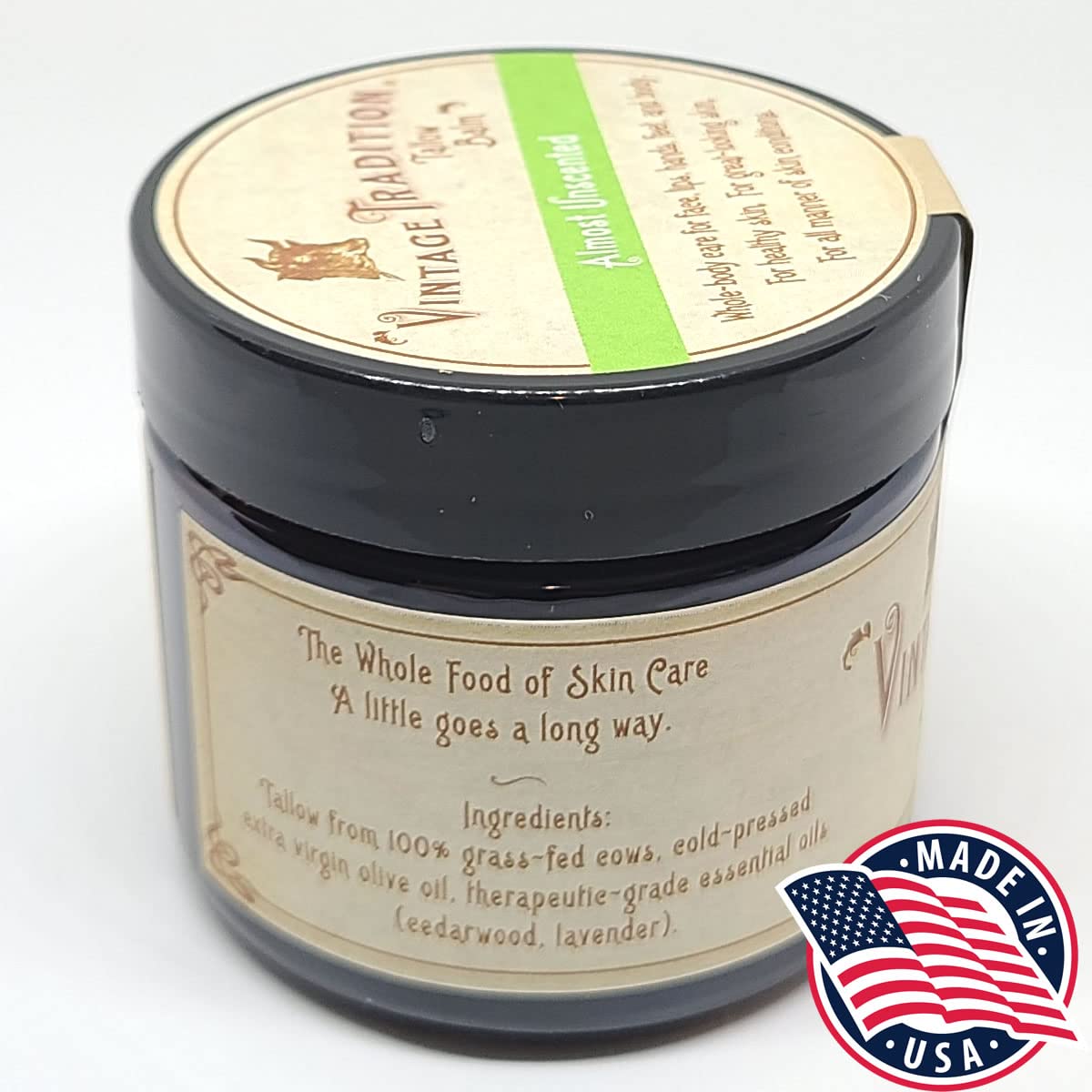 Vintage Tradition Beef Tallow All Purpose Balm - Healing, Hydrating Mild Scent Skin Care Salve Replaces Body Lotion, Hand Cream, More - Essential Oil, Olive Oil, and Grass-Fed Tallow, 2 fl. oz.