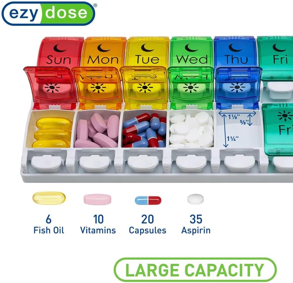EZY DOSE Weekly (7-Day) Pill Case, Medicine Planner, Vitamin Organizer, 2 Times a Day AM/PM, Removeabale Trays, Large Push Button Compartments, Easy to Use, Arthritis Friendly, Rainbow Lids, BPA Free