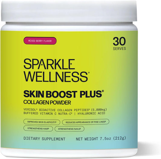 Sparkle Wellness VERISOL Bioactive Hydrolyzed Collagen Peptides | Collagen Powder with Vitamin C & Hyaluronic Acid for Hair, Skin, and Nail Health | Skin Boost Plus (Mixed Berry) [30-Serves]