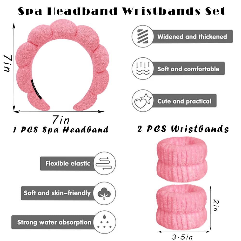 Spa Headbands for Washing Face Wristband Set Sponge Makeup Skincare Headband Wrist Towels Bubble Soft Terry Towel Cloth Hairband for Women Puffy Headwear Non Slip Thick Thin Hair Headwear (Rose red)