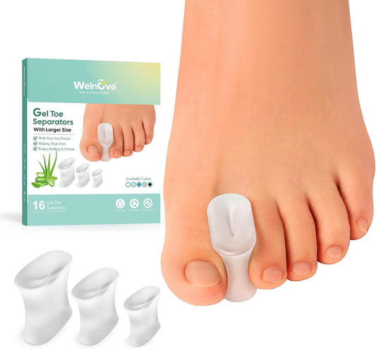 Welnove Upgraded Gel Toe Separators – 16-Pack Aloe Vera Extract Infused Silicone Toe Spacers for Straightening Overlapping Toes, Bunions, Calluses – Bunion Corrector for Men and Women (3 Sizes)