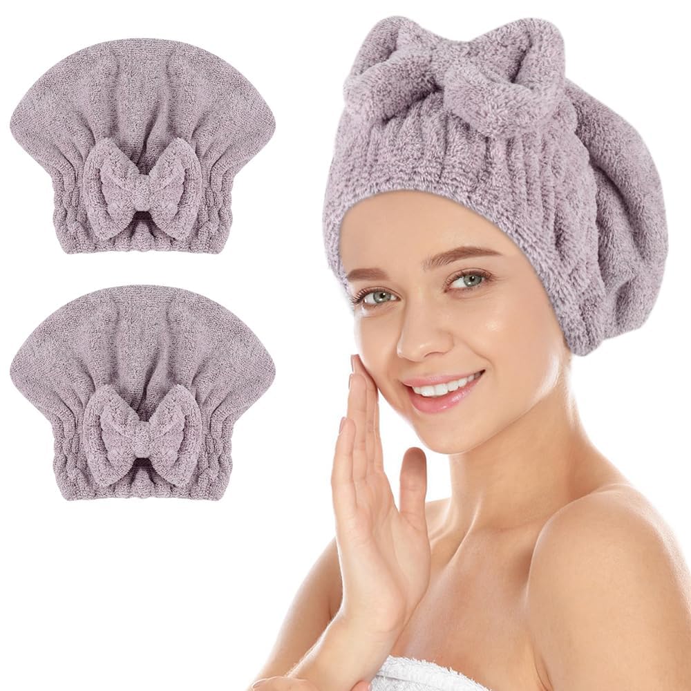 SUNLAND Large Microfiber Hair Drying Caps with Bow knot Fast Drying Shower Cap Soft and Absorbent hairWrap Hair Turban Bath Caps for Curly Thick and wet Hair 11 X 13.4 inch 2 Pack Purple