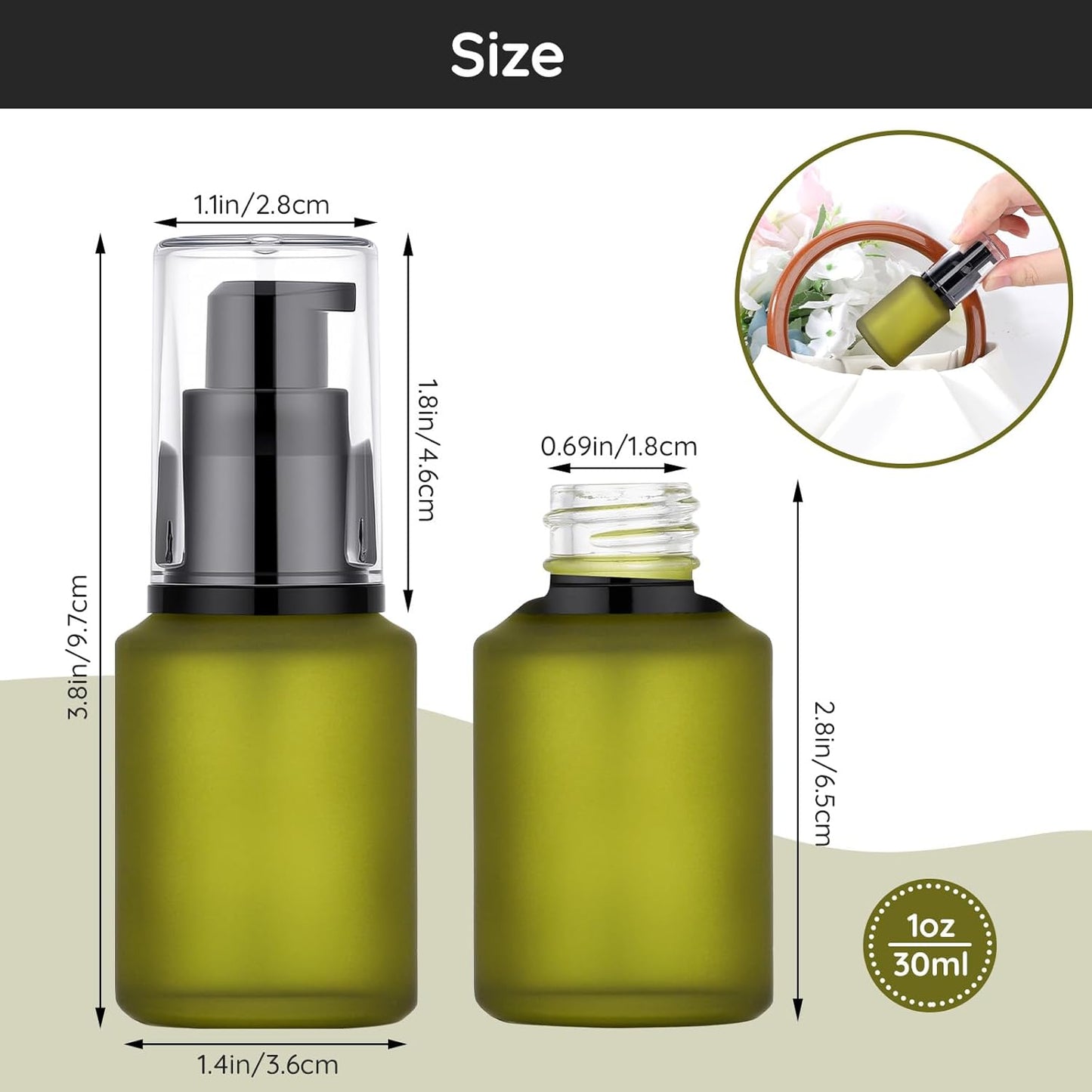 Segbeauty 1oz Frosted Glass Empty Travel Size Bottles for Creams, 3pcs Refillable Lotion Pump Bottle Dispenser, 30ml Liquid Travel Containers, Green Mini Lotion Container Foundation Pump Dispensers