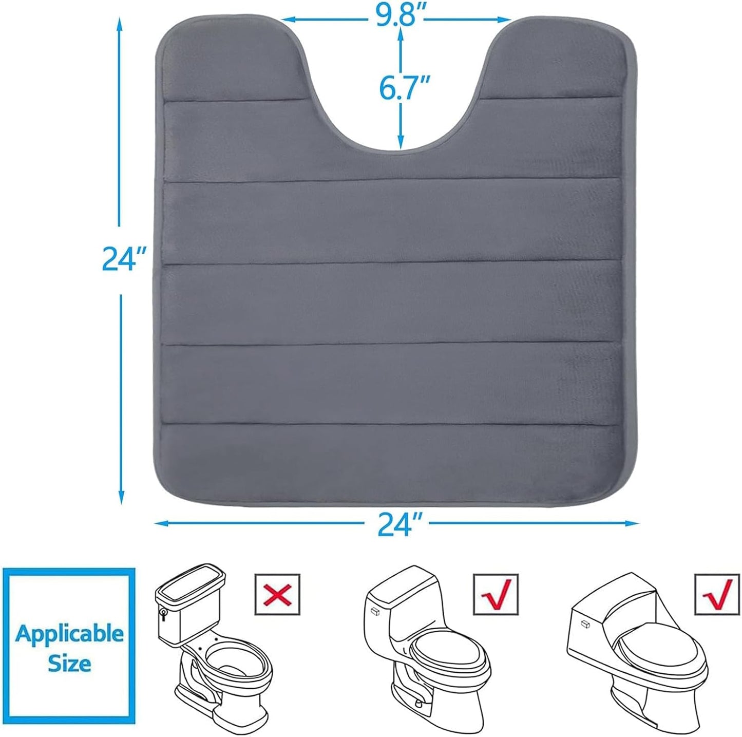 Buganda Memory Foam U-Shaped Contour Toilet Rugs, Non Slip Absorbent, Thick Soft Washable Bathroom Mat, Floor Carpet Bath Rugs Mat for Toilet Base (24" x 24", Dark Grey)
