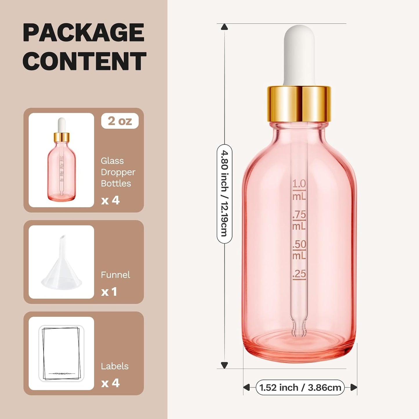 Bumobum 2 oz Dropper Bottle, Pink Glass Dropper Bottle with Measured Dropper & Golden Cap, Empty Eye Tincture Bottles with Funnel, Pipette & Labels for Essential Hair Oils Serums, 4 Pack