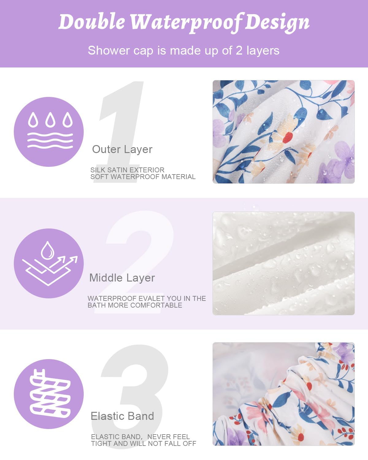 Aquior Shower Caps, Double Layer Waterproof Shower Cap for Women, Reusable Large Shower Cap for all Hair Lengths with EVA Lining, Soft Bath Shower Caps