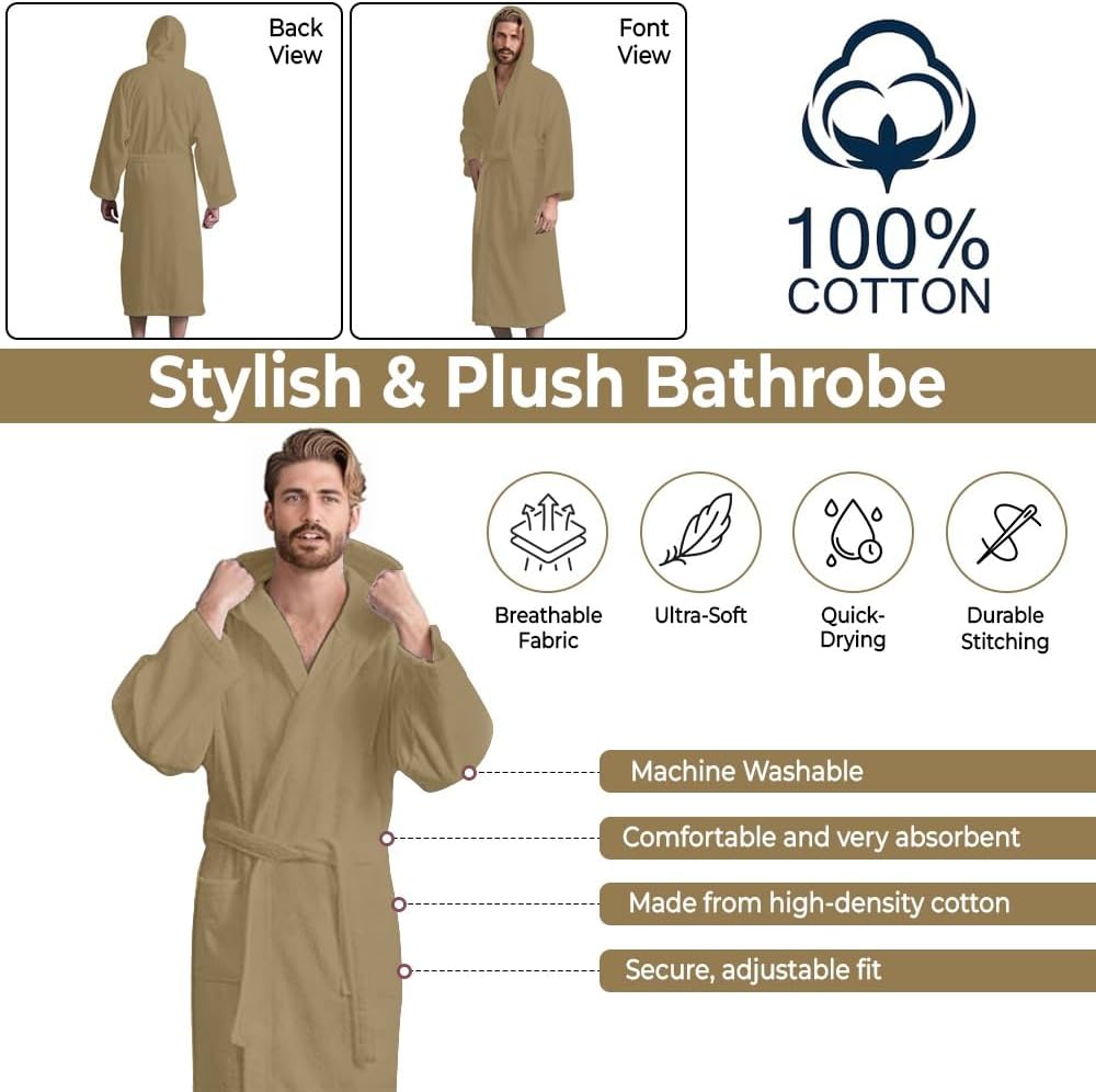 Men’s Hooded Bathrobe, 100% Cotton Terry Bathrobe, Spa Style Bath Robe, Absorbent Shower Robe, Lightweight Towel Bathrobes