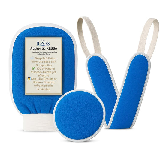 Original Moroccan Kessa Exfoliating Glove Set (ILZO’S) – 3-Piece Hammam Mitts for Face, Body & Back – Deep Skin Cleansing & Dead Skin Removal – Reusable Natural Exfoliator– Assorted Colors (TURQOUISE)