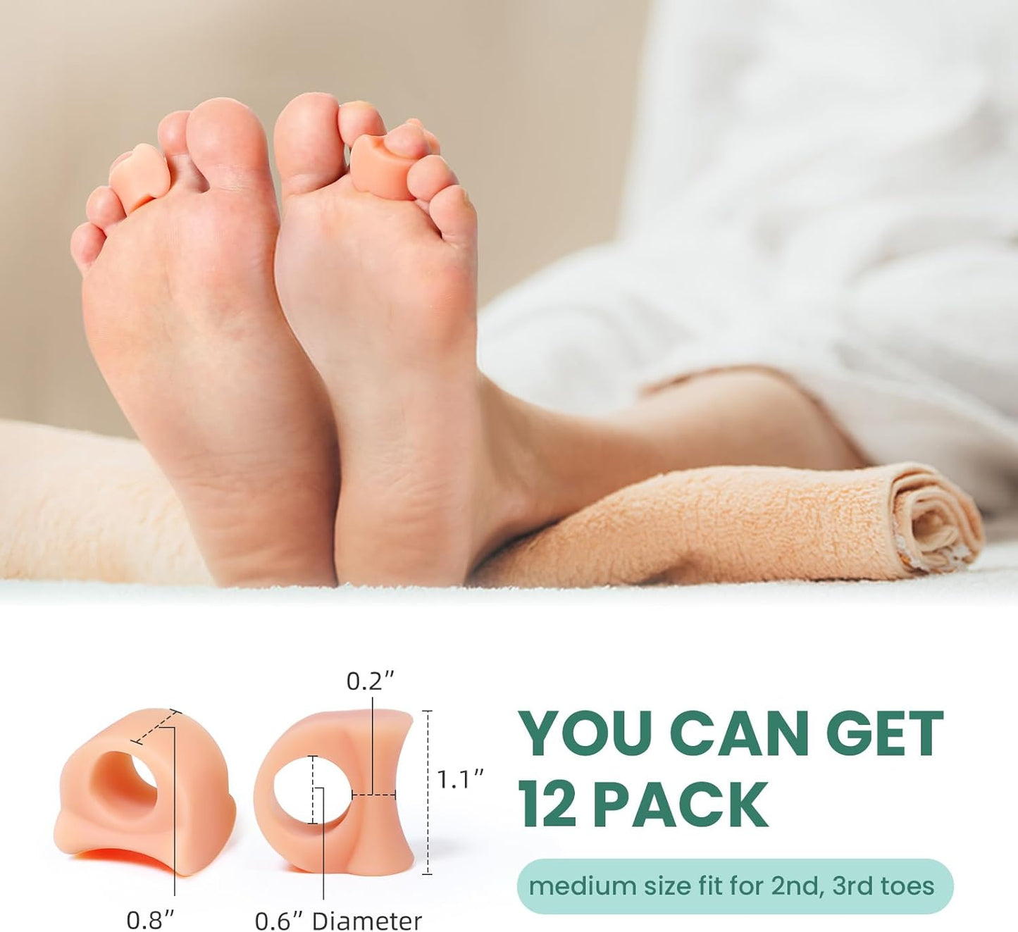 Welnove Toe Separator for Overlapping Toes - 12 PackToe Spacers for Bunions - Toe Corrector for Hammer Toes, Realign Crooked Toes - Preventing Rubbing Relieve Pressure (Medium, Beige)