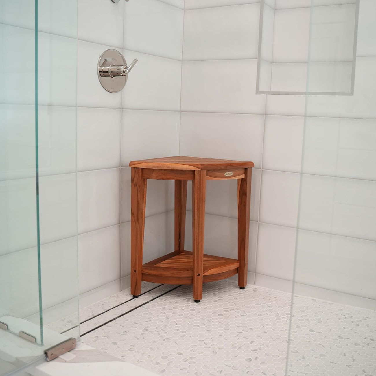 EcoDecors 24" Extended Height Snazzy Corner Natural Color Waterproof Teak Wood Shower Bench Stool Seat Chair for Inside Shower Storage Shelf Provides Safety and Storage for Bathroom Accessories